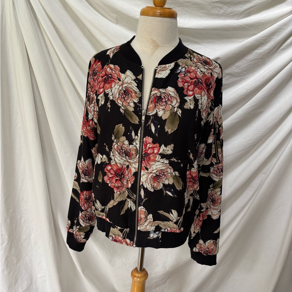 Sanctuary Black Floral Silky Bomber Jacket L